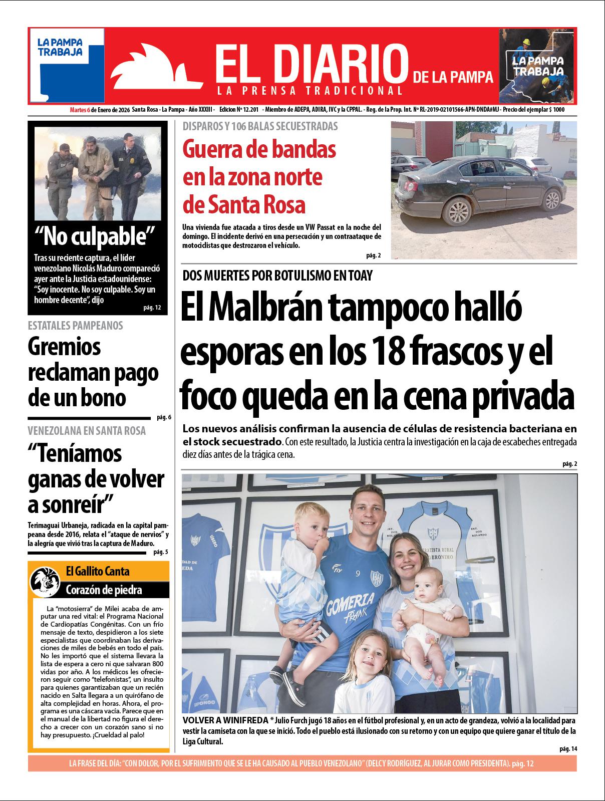 Tapa de El Diario en papel  martes 06 de enero de 2026